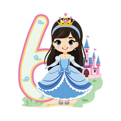 Cute princess with beautiful eyes in a blue dress and number 6 on white background. Happy Birthday concept. For Greeting Card or Invitation. Vector illustration in flat cartoon style