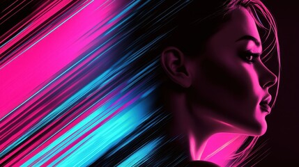 A womans profile stands out with bold neon colors in pink and blue. The contrasting hues create an energetic atmosphere, adding motion and depth to the composition