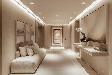 A neutral-toned hallway with a curated gallery wall under recessed lighting, showcasing an elegant arrangement of artworks and decor.