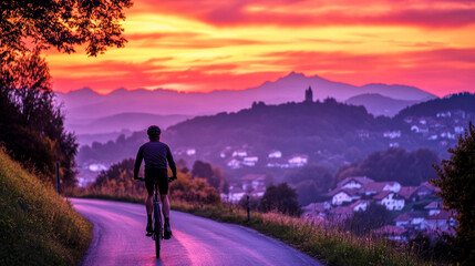 Silhouette of a cyclist on a hillside road during a stunning sunset over a charming village