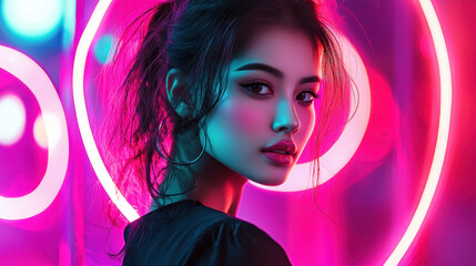 Fototapeta premium A young woman stands confidently in front of bright neon lights, showcasing a captivating expression and her stylish outfit. The scene captures the energetic ambiance of nightlife
