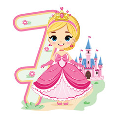 Cute princess with beautiful eyes in a pink dress and number 7 on white background. Happy Birthday concept. For Greeting Card or Invitation. Vector illustration in flat cartoon style