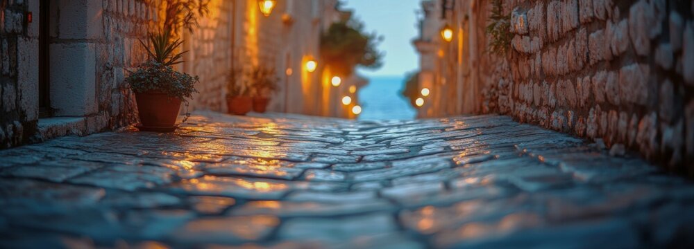 Fototapeta Warm lights illuminate the stone streets of Dubrovnik's old town at sunset