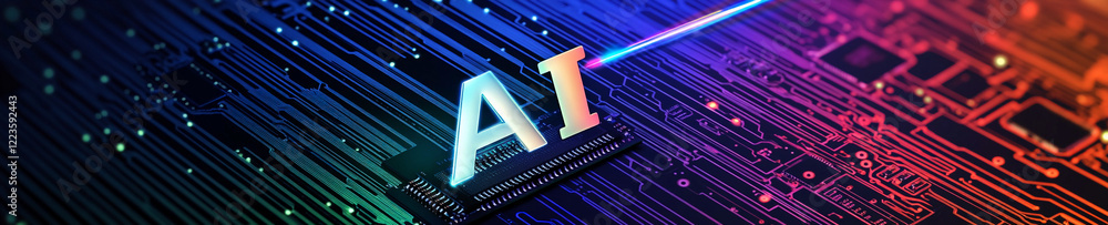 Poster Bright AI letters illuminated on circuit board background