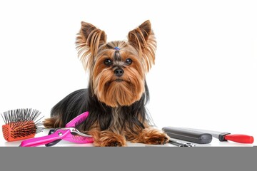 A stylish Yorkshire Terrier surrounded by grooming tools in a bright, modern setting showcasing canine care and creativity isolated on transparent background