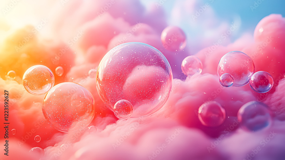 Poster colorful cloud of pink and orange bubbles floating in the sky. the bubbles are of various sizes and 