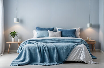 Knit blanket on king-size bed in natural warm bedroom of modern apartment in soft gray and blue colors	
