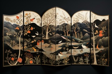 Antique five panel folding screen showcasing a serene landscape with diverse birds, flowers, and trees, blending nature's beauty with artistic craftsmanship