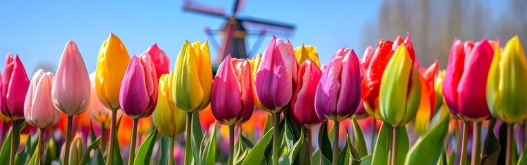Vibrant tulips in shades of pink, yellow, and red create a stunning foreground against a traditional Dutch windmill. This scene captures the essence of spring in the Netherlands