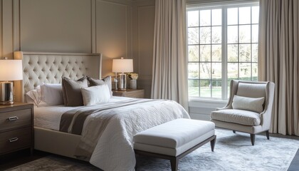 A serene bedroom interior featuring soft lighting, modern furniture, and a calming color palette.