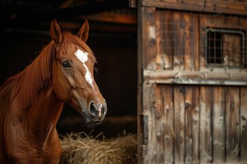 Bay stallion in stable