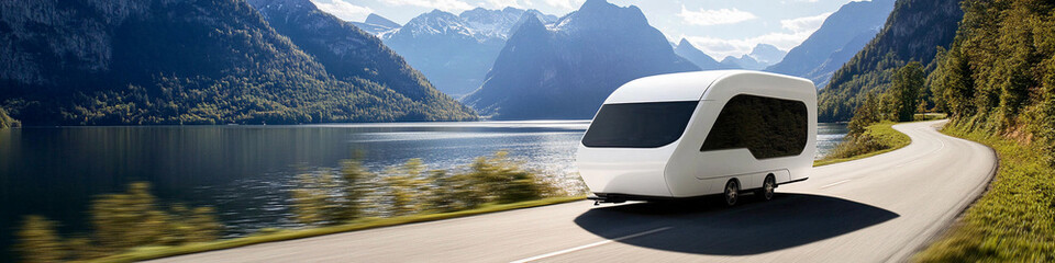 Modern camper travels along serene mountain lake road