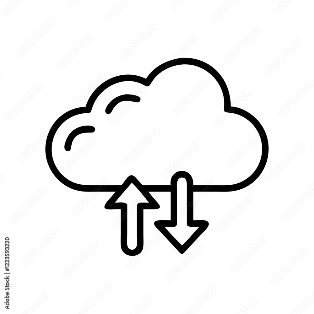 Poster cloud icon with an arrow pointing up from a document, simple black silhouette on white. use for clou