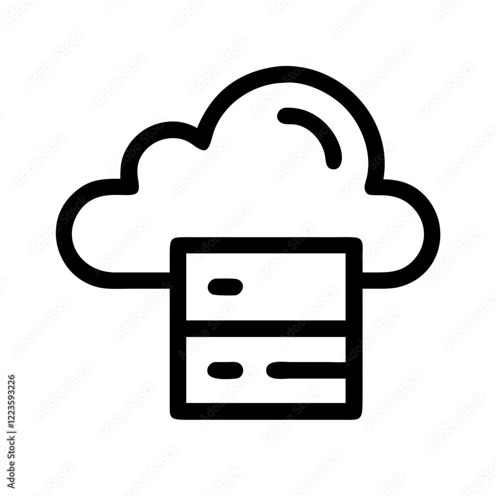 Poster a simple line drawing of a cloud with two servers underneath, representing cloud computing.vector ic