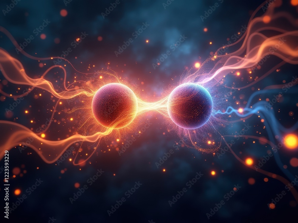 Poster visualization of quantum entanglement showcasing two particles connected by intricate energy pattern