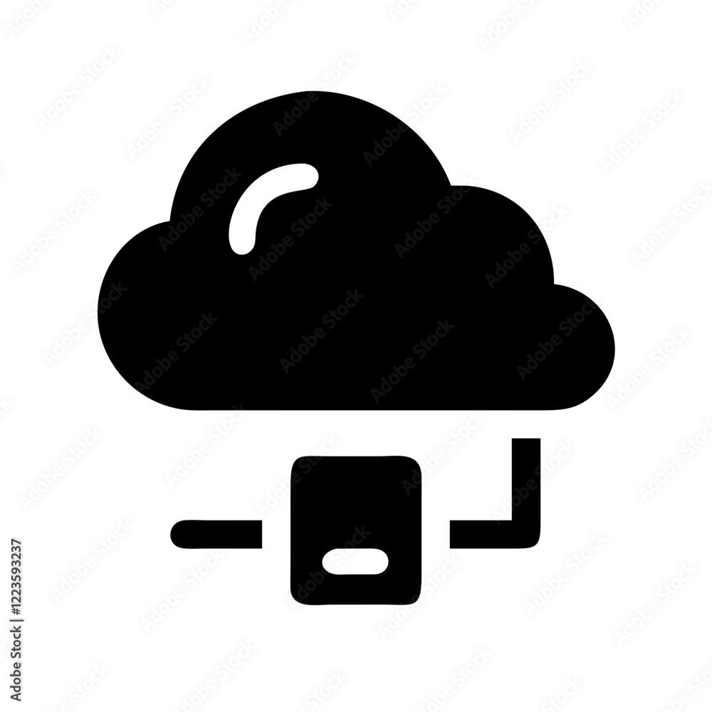 Poster cloud icon with an arrow pointing up from a document, simple black silhouette on white. use for clou