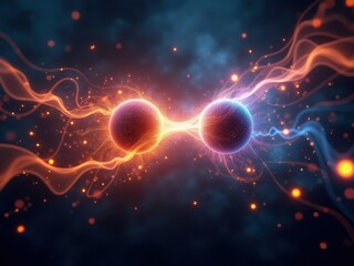 Visualization of quantum entanglement showcasing two particles connected by intricate energy patterns in a cosmic ambiance