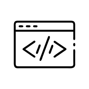 A black outline icon of a browser window displaying angled brackets with a forward slash. Use for web development tutorials, programming blogs, and coding examples.