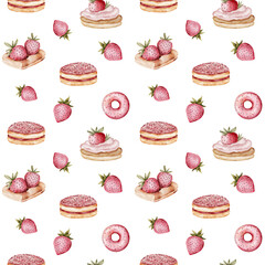 seamless pattern with pink teapot, cup of coffee and strawberry desserts, watercolor illustrations