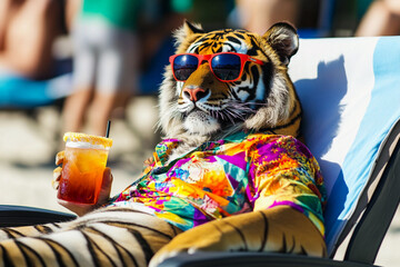 Tiger relaxing on the beach while sipping a drink