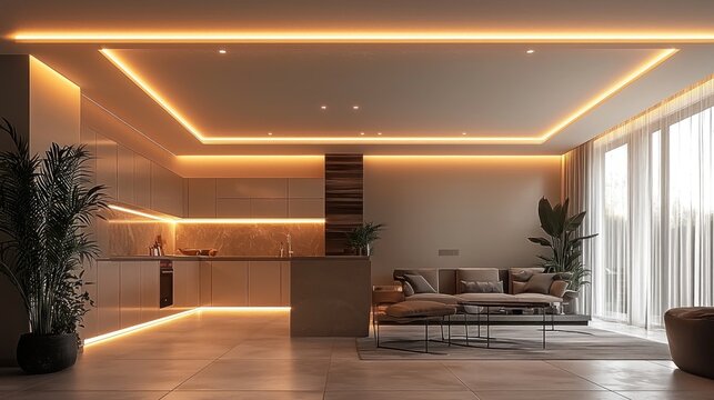 A sleek decorative ceiling with integrated LED strip lighting casting soft, modern illumination