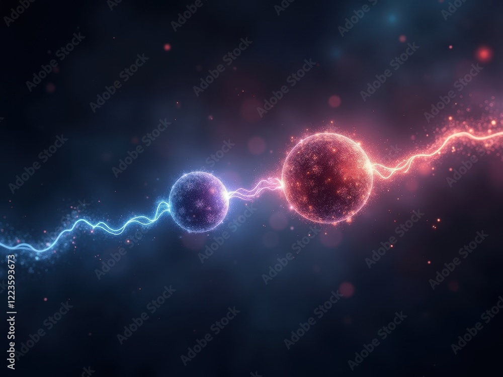 Poster visualization of quantum entanglement showcasing particles linked through energy waves in a cosmic e