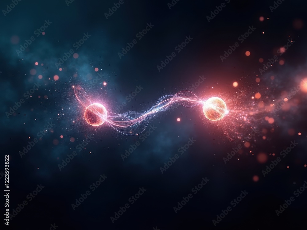 Aufkleber visualization of quantum entanglement illustrating two particles connected by a wave at cosmic scale
