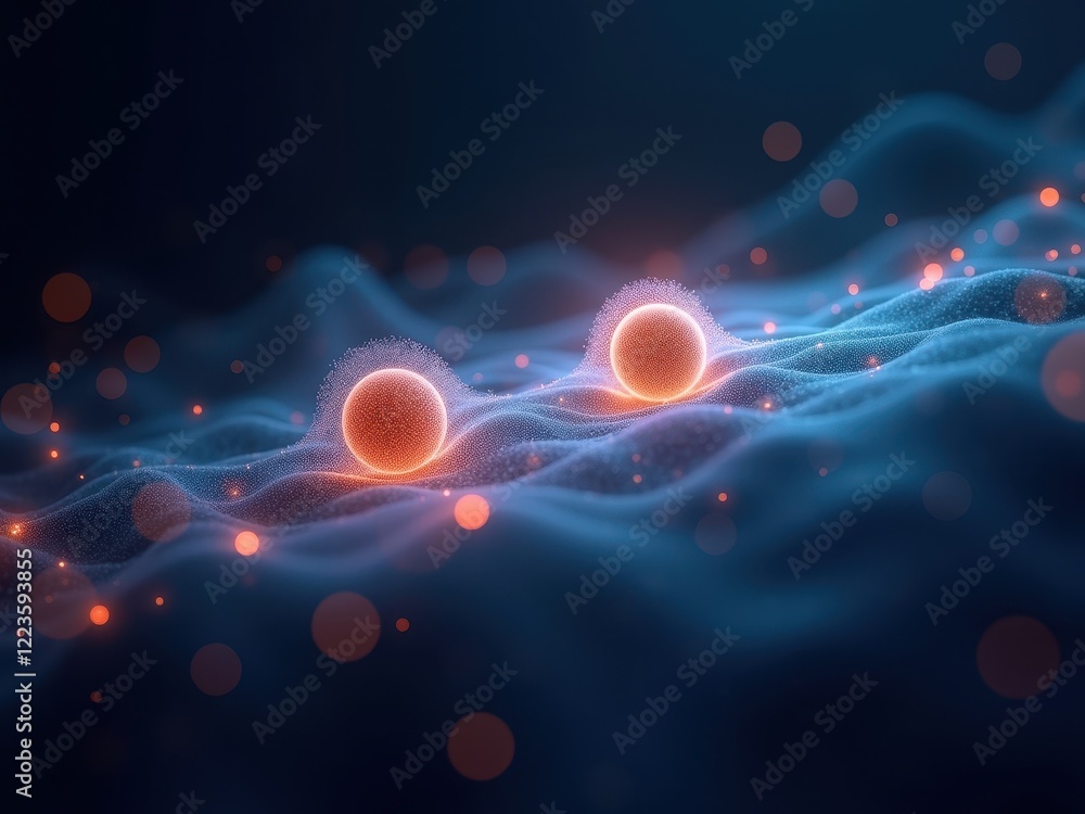 Poster visualization of quantum entanglement showcasing interacting particles in a dynamic wave-like enviro