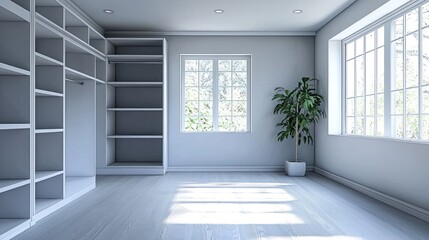 Obraz premium A sleek, modern closet in a minimalist home, rendered in 3D to highlight its clean lines and functional design