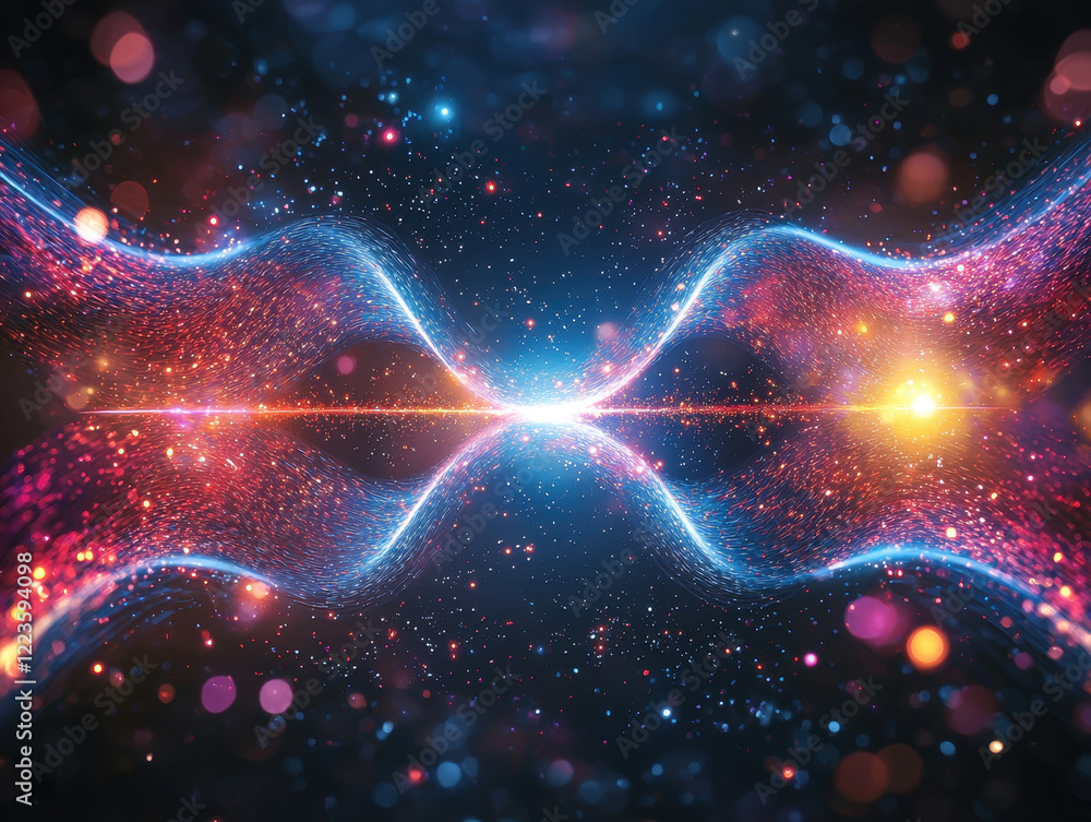 Poster representation of quantum entanglement with interconnected particles in a cosmic environment showcas