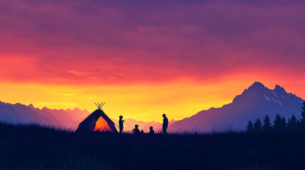 Kids play near an open tent as parents relax in a mountain landscape at dusk