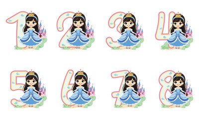 Set of numbers with cute princess girl in blue dress on white background. Happy Birthday concept. Vector illustration in flat cartoon style