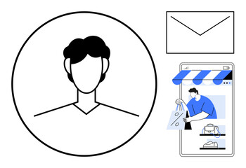 Profile icon, email envelope, and online shopping on mobile with a person buying. Ideal for personal identification, online communication, e-commerce, user interface, digital transactions, email