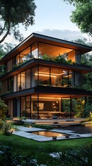 Fototapeta premium Exploring the Future of Sustainable Living: A Detailed Concept of a Prefabricated House Surrounded by Nature's Beauty