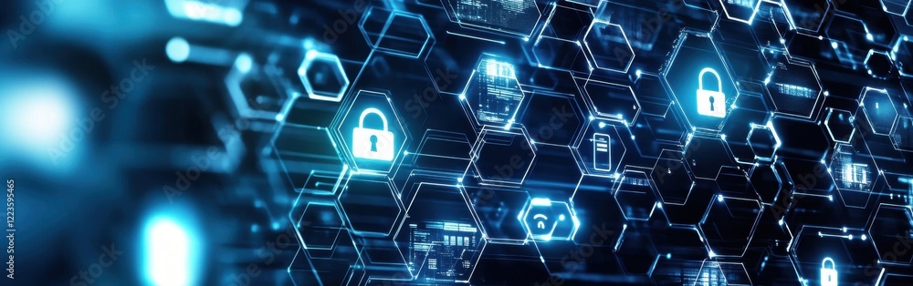 Poster a background with digital elements like interconnected nodes and security icons, representing the gl