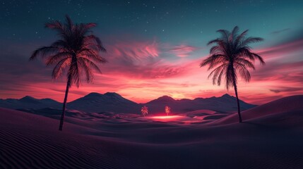 Vibrant colors fill the sky at dusk over a sandy desert landscape. Silhouetted palm trees stand against majestic mountains, creating a serene atmosphere