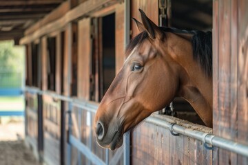 Brown horse in stall with care attributes