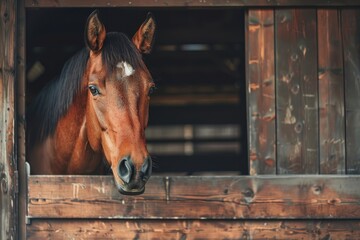 Obraz premium Brown horse head in stall with space for text