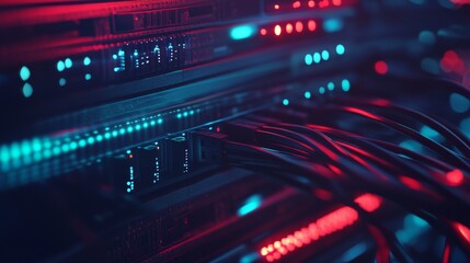 Fototapeta premium A high-speed fiber optic internet network hub, technological scene with network servers and data cables, Connectivity style