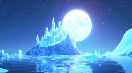 Whimsical ice castle glows under a giant moon in a starry night sky