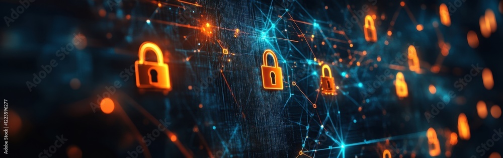 Poster a background with digital elements like interconnected nodes and glowing symbols representing securi