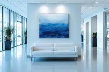 A stylish office interior featuring a white sofa paired with a blue abstract painting on a clean white background