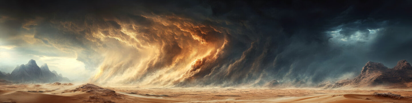 A massive sandstorm swirls ferociously in a barren desert landscape. Concept of nature's power and dramatic weather. For depicting intense natural phenomena.