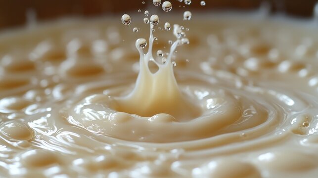 Rennet droplets create delicate ripples in warm milk during the cheese-making process