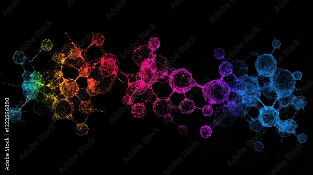 Poster colorful molecular structure: abstract visualization of complex network on black background