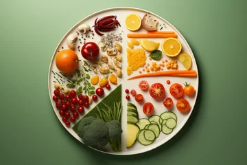 Fotobehang Different types of food arranged on white plate forming colorful pie chart promoting healthy eating habits © juliars