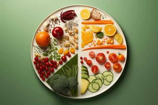 Different types of food arranged on white plate forming colorful pie chart promoting healthy eating habits