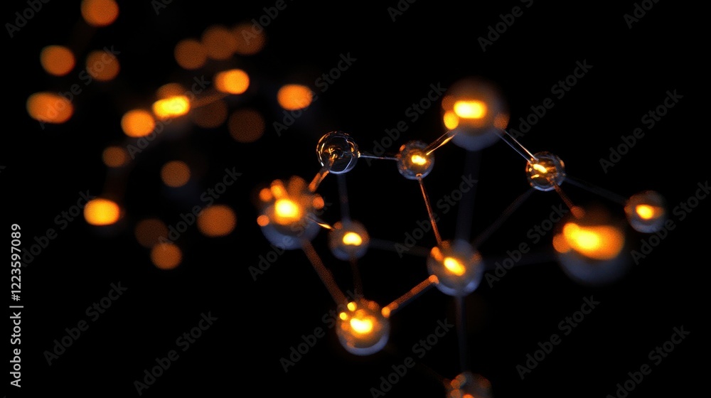 Poster glowing molecular structure with connected spheres in dark background