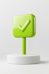 3D icon on a stick, check mark, light green color, correct answer and correct solution on a white podium
