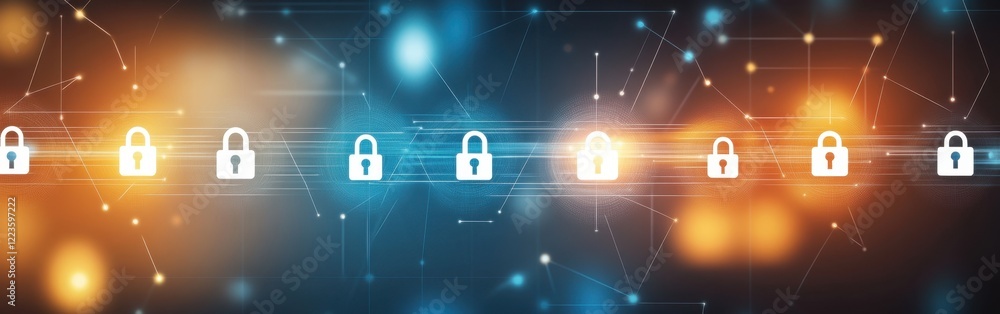 Poster a background of digital security with icons representing cybersecurity barely visible on the right s